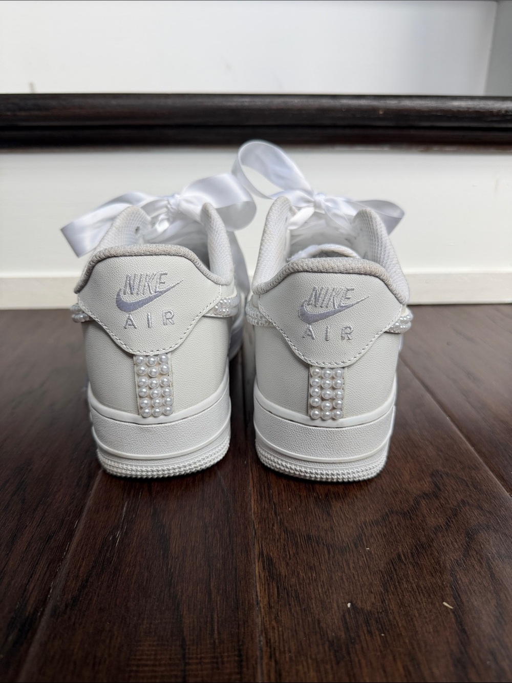 White Women's Satin Lace Sneakers with Pearl Accent - Picture 5 of 6